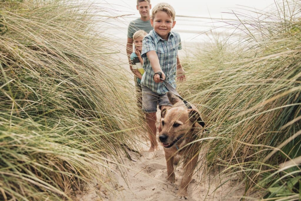 Ein Junge geht mit seinem Hund auf einem Sandweg in Richtung Strand, andere folgen ihm.
