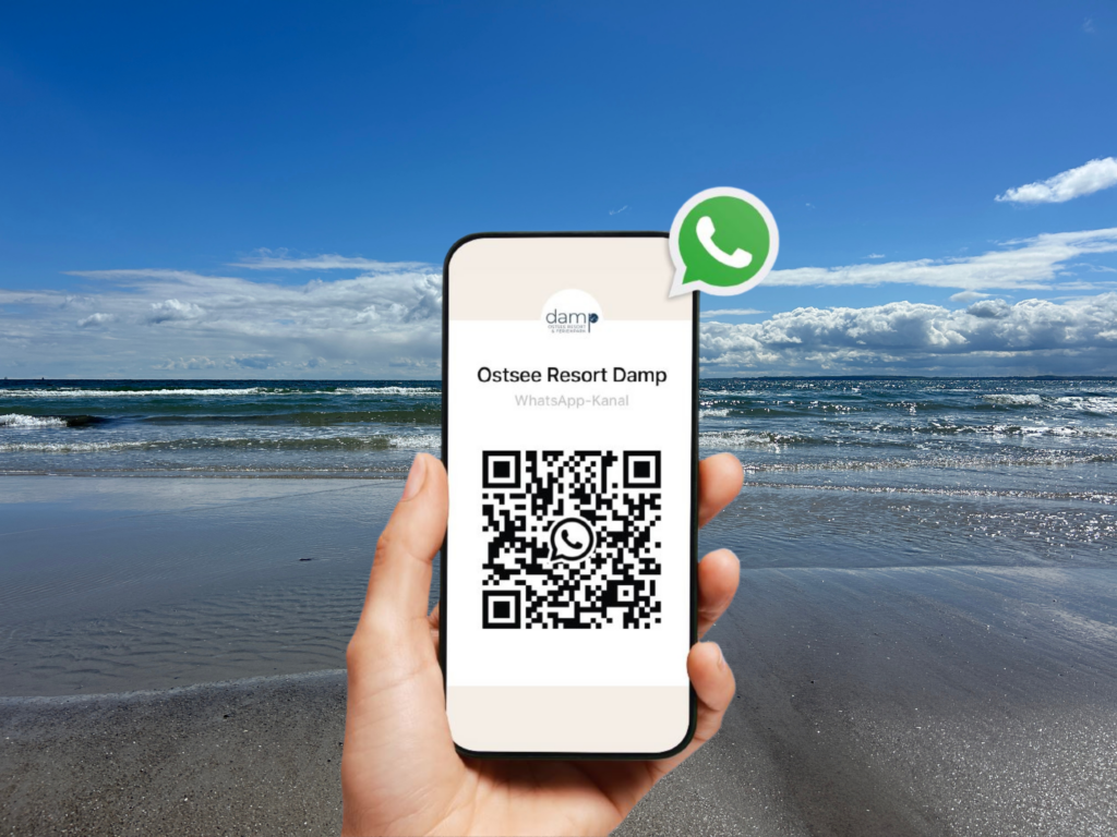 Hand hält Telefon mit QR-Code, dahinter Strandszene.