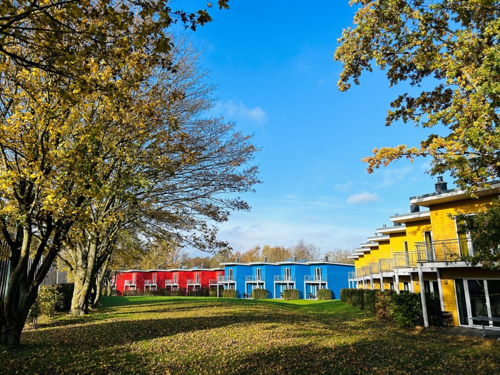 Damp_originale_birgit_foerster: Bunte Gebäude in der Nähe von grasbewachsenen Herbstgebiet, blauer Himmel.