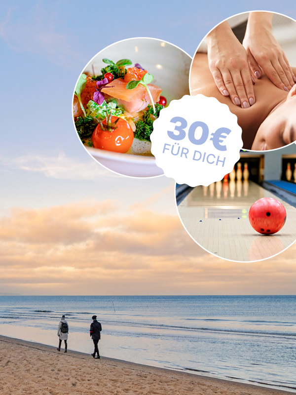 Ostsee-resort.jpg: Strandspaziergang bei Sonnenuntergang, Gourmet-Essen, Massage, Bowling, "30€ FÜR DICH" Angebot.