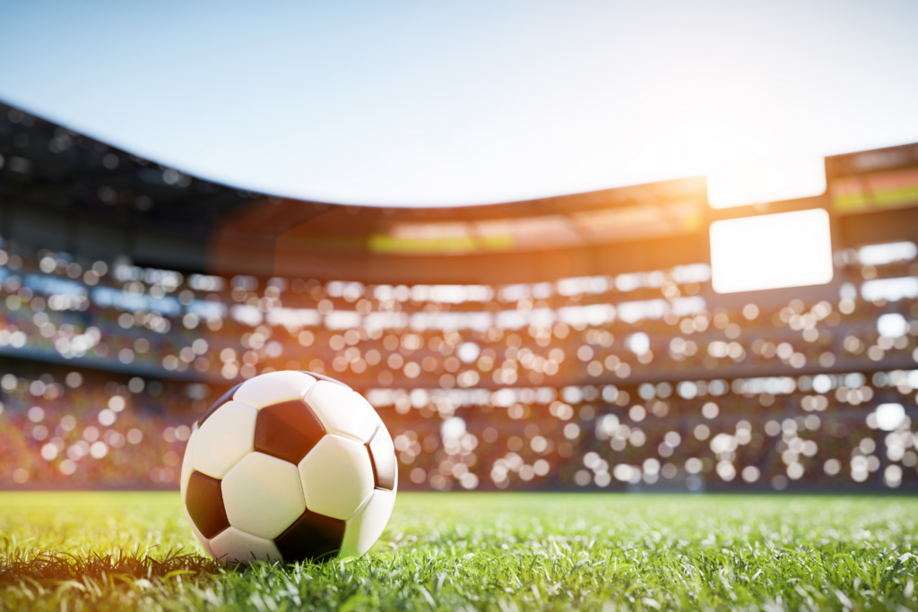 Soccer_wm_liveuebertragung.jpg: Fußball auf Rasen, Stadionbeleuchtung, WM-Aufregung.