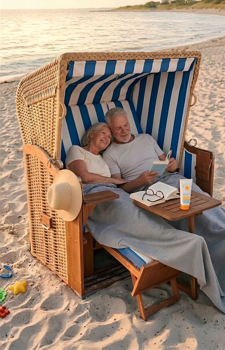 Älteres Ehepaar, das unter einer Decke im Sand liest, daneben „beachday_relax.jpg“.