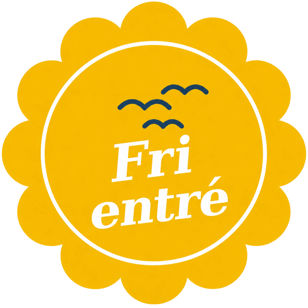 Eintritt-frei-badge: Gul badge, fugle, »Eintritt frei« i hvidt.