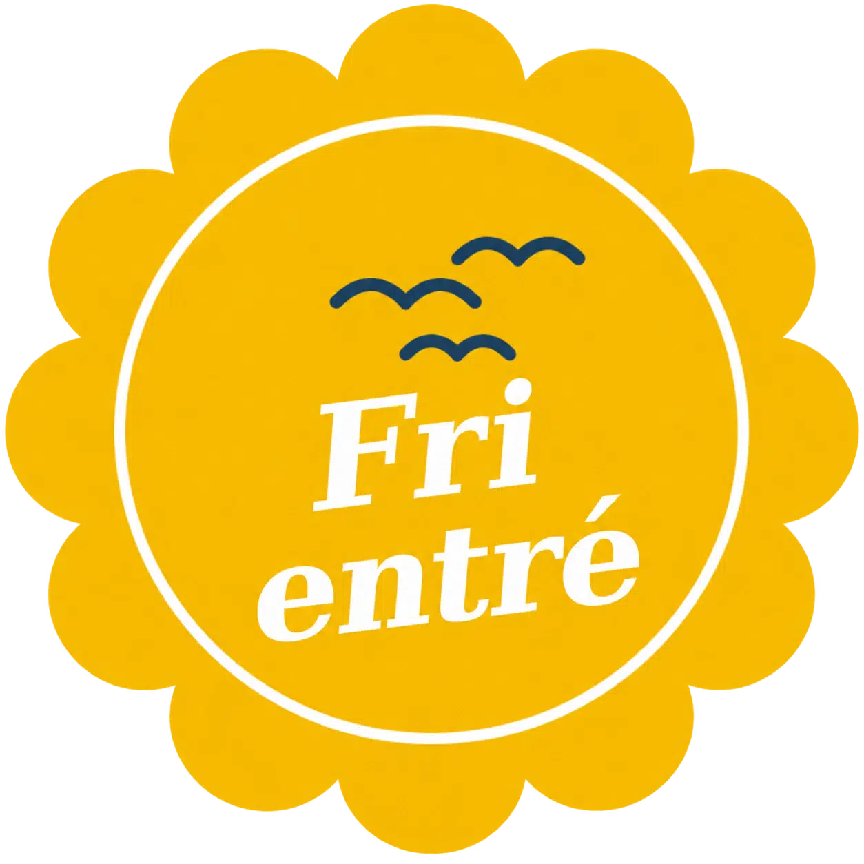 Eintritt-frei-badge: Gul badge, fugle, »Eintritt frei« i hvidt.