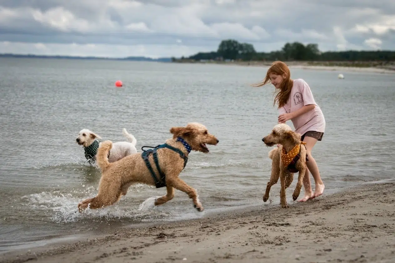 Ferienhaus_ostsee_mit_hund: Ein Mädchen und ihre Pudel genießen den bewölkten Strand.