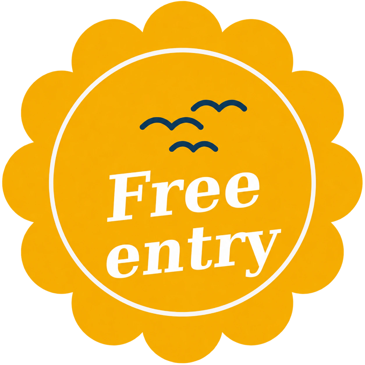 Eintritt-frei-badge: Yellow badge, black birds, "Eintritt frei" text.
