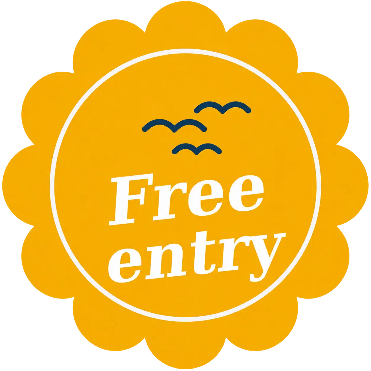 Eintritt-frei-badge: Yellow badge, black birds, "Eintritt frei" text.